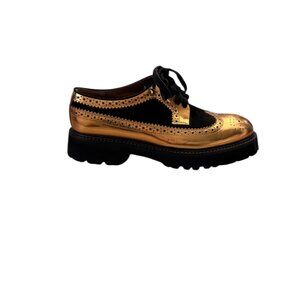Marni Chunky Platform Brogue Oxford in Gold Leather and Black Velvet IT 38